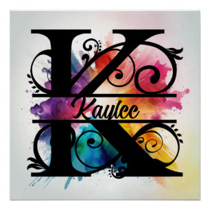 Poster Lettre 'K', Monogramme arc-en-ciel lumineux, Nom d
