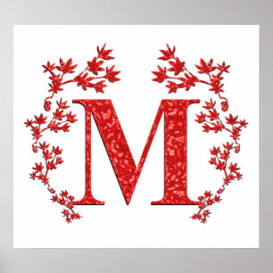 Poster Lettre monogramme M Feuilles rouges