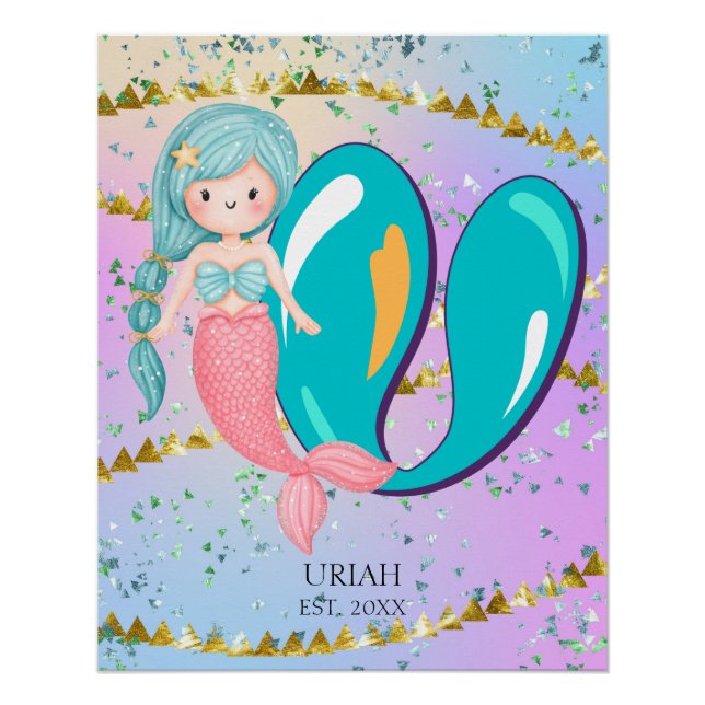 Poster Lettre U Monogram Aquarelle mignonne Sirène (Devant)