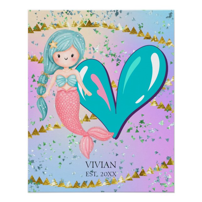 Poster Lettre V Monogramme Aquarelle mignonne Sirène (Devant)