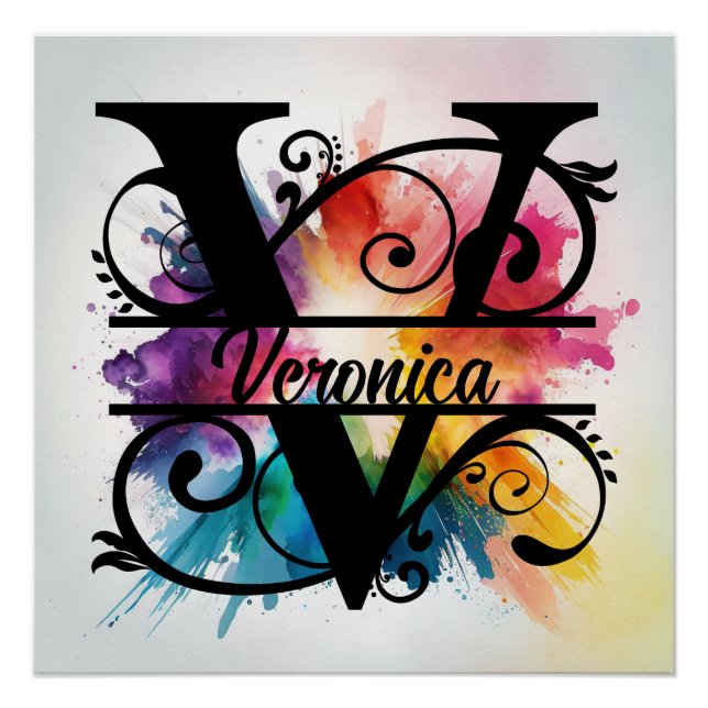 Poster Lettre 'V', Monogramme arc-en-ciel lumineux, Nom d (Devant)
