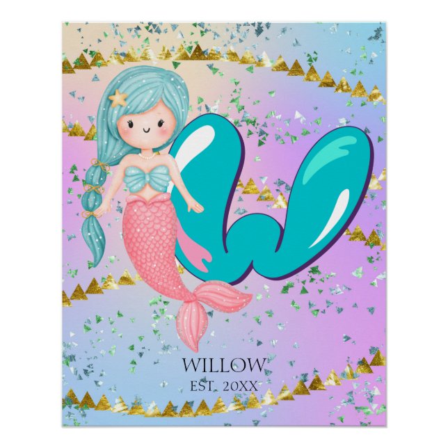 Poster Lettre W Monogram Aquarelle mignonne Sirène (Devant)