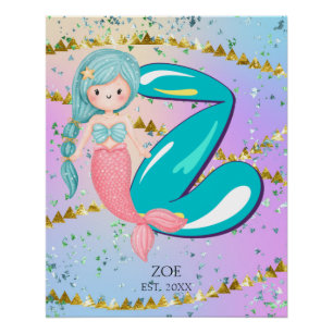 Poster Lettre Z Monogramme Aquarelle mignonne Sirène