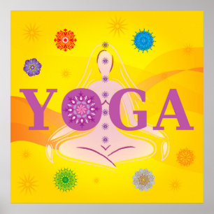 Poster Lettres de yoga - Pose femme - 7 chakras multicolo