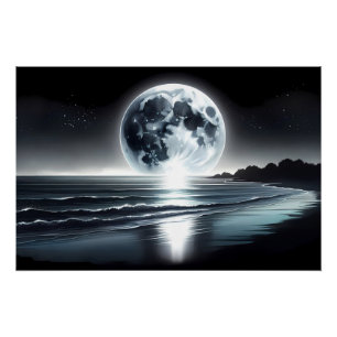 Poster Lever de Lune Surréaliste sur le Rivage Océanique