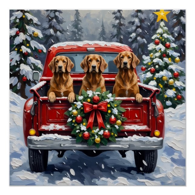 Poster Lévrier Afghan camion rouge de Noël vacances (Devant)