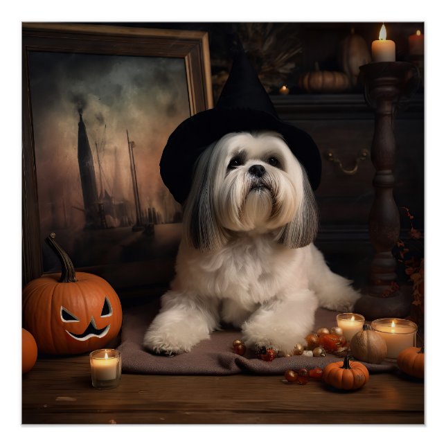 Poster Lhasa Apso Citrouille Halloween effrayant (Devant)