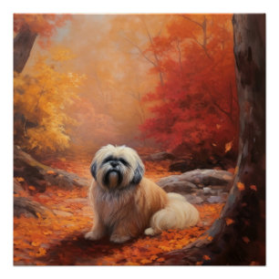 Poster Lhasa Apso dans les feuilles d'automne tombent ins