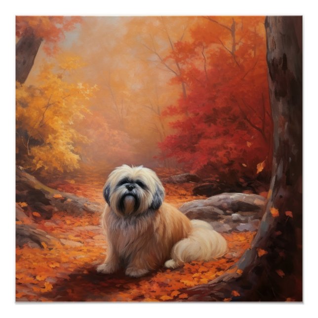 Poster Lhasa Apso dans les feuilles d'automne tombent ins (Devant)