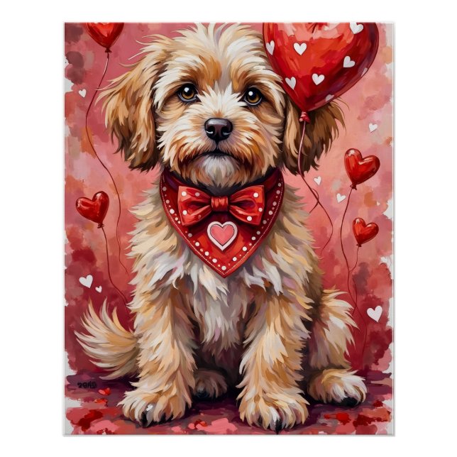 Poster Lhasa Apso Saint-Valentin Chien Assis avec des Cœu (Devant)