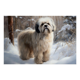 Poster Lhassa Apso Laisse Neige Noël