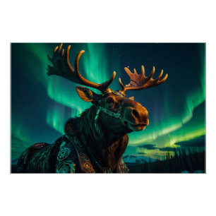 Poster L'hiver Aurora et Steampunk Moose Wildlife Art
