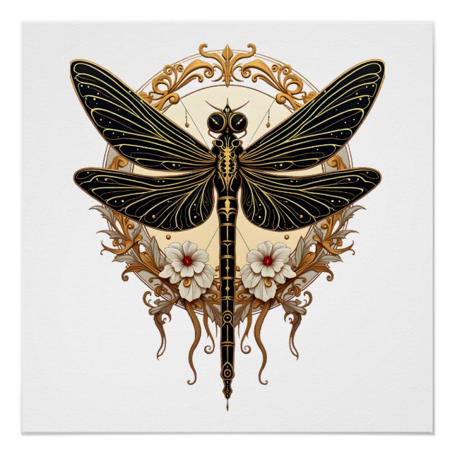 Poster Libellule Art nouveau élégant Steampunk (Devant)