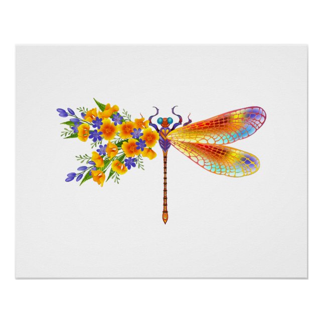 Poster libellule de fleurs jaunes (Devant)
