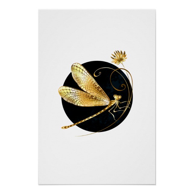 Poster libellule d'or en cercle noir (Devant)