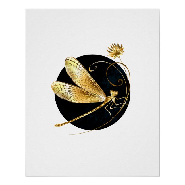 Poster libellule d'or en cercle noir (Devant)