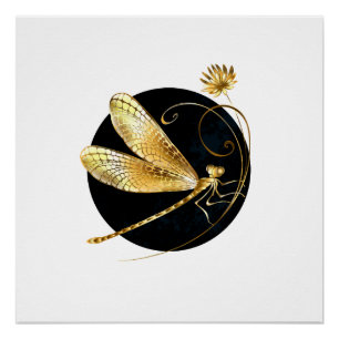 Poster libellule d'or en cercle noir