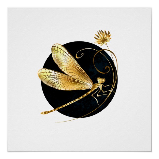 Poster libellule d'or en cercle noir (Devant)
