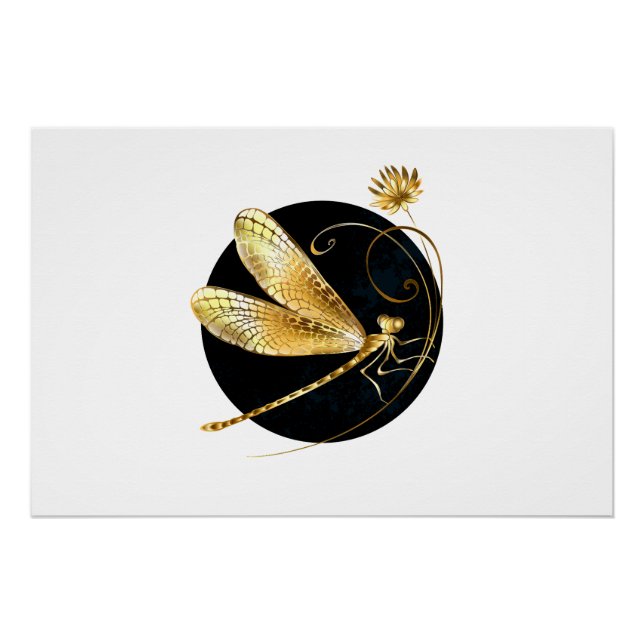 Poster libellule d'or en cercle noir (Devant)