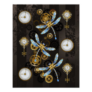 Poster Libellules Steampunk sur fond brun rayé