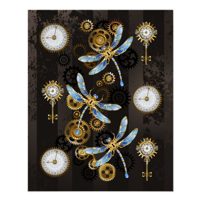 Poster Libellules Steampunk sur fond brun rayé (Devant)