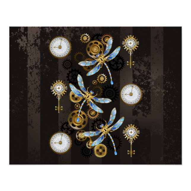 Poster Libellules Steampunk sur fond brun rayé (Devant)