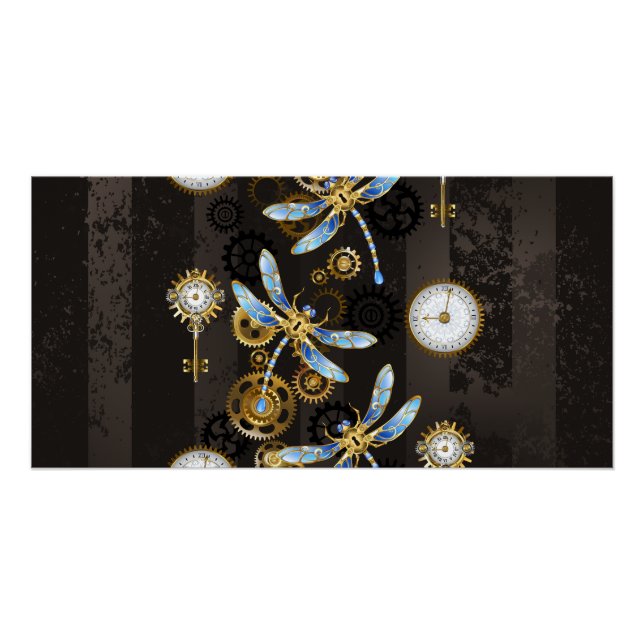 Poster Libellules Steampunk sur fond brun rayé (Devant)