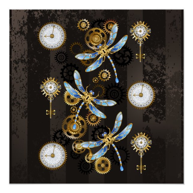 Poster Libellules Steampunk sur fond rayé marron (Devant)