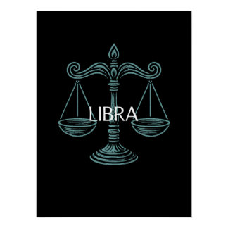 Poster Libra Zodiac – Vintage Scales in Teal on Black