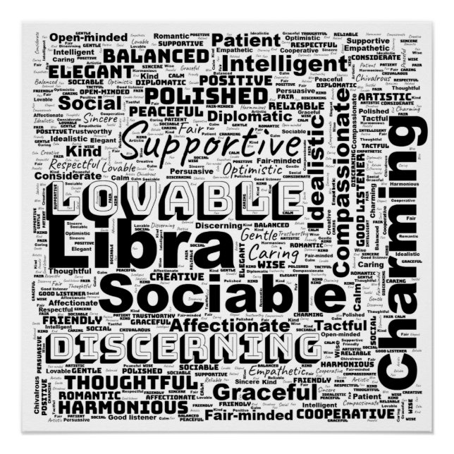 Poster Libra Zodiac Word Cloud Inspiration brillante (Devant)