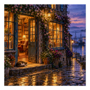 Poster Librairie Cozy Harbor au crépuscule