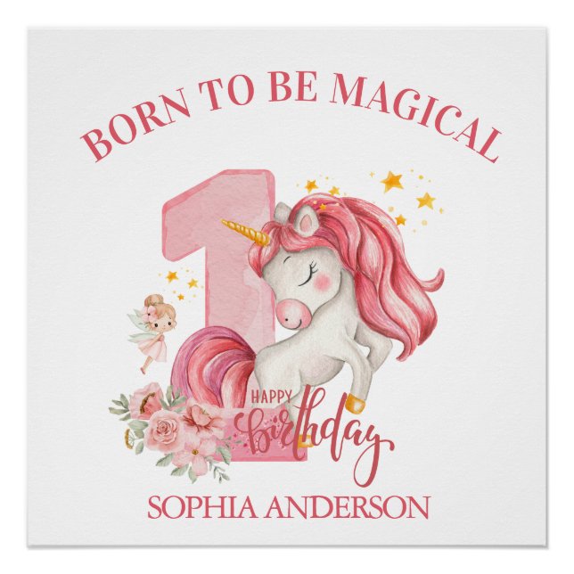 Poster Licorne 1er Anniversaire Fille Rose (Devant)