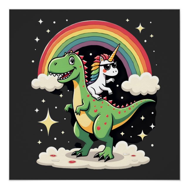 Poster Licorne Arc-en-Ciel Chevauchant T rex - Garçons Fi (Devant)