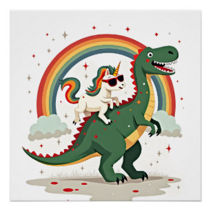 Poster Licorne Arc-en-Ciel Chevauchant T rex - Garçons Fi