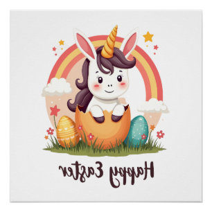 Poster Licorne arc-en-ciel œuf de Pâques vintage heureux 