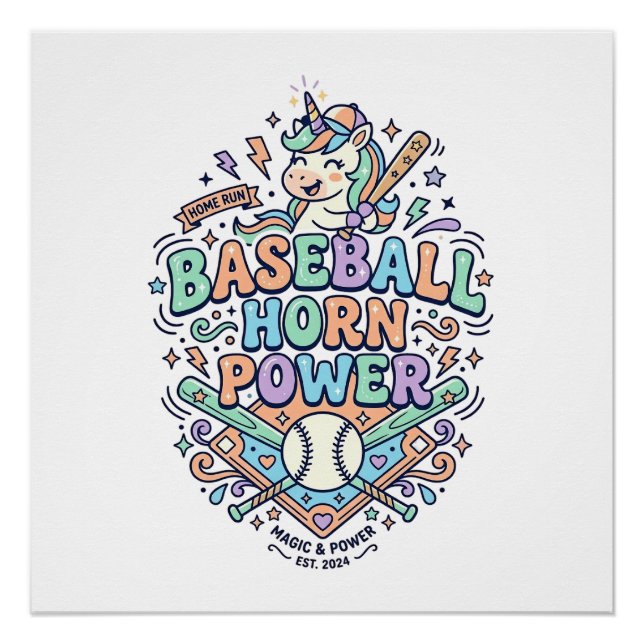 Poster Licorne Baseball Corne Puissance Kawaii Conception (Devant)