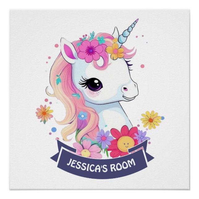 Poster Licorne blanche adorable avec des fleurs (Devant)