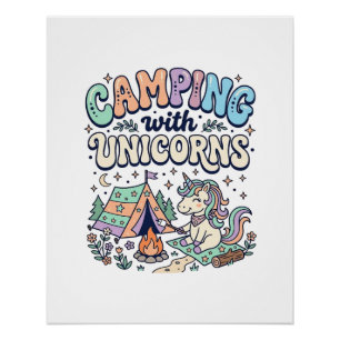 Poster Licorne Camping avec Licorne Kawaii Autocollant et