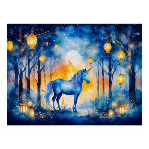 Poster Licorne dansant sous la lumière de lanterne dorée