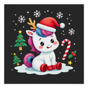 Poster Licorne de Noël Mignonne Magique Xmas Filles Tout-