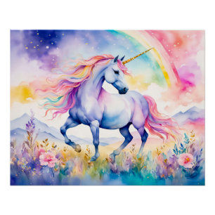 Poster Licorne marchant sous un arc-en-ciel scintillant