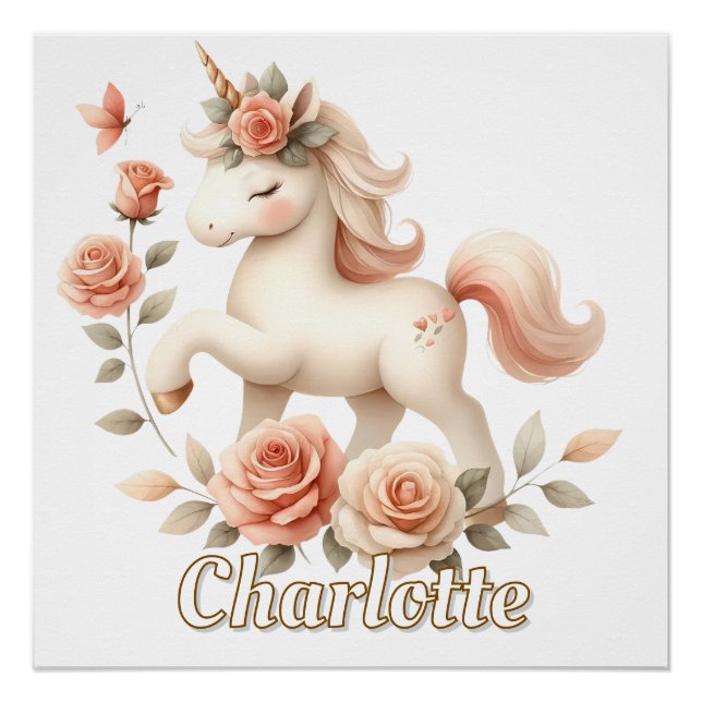 Poster Licorne pastel fantaisiste avec des roses (Devant)