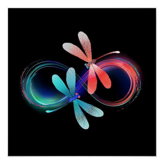 Poster L'infini avec des libellules lumineuses (Devant)