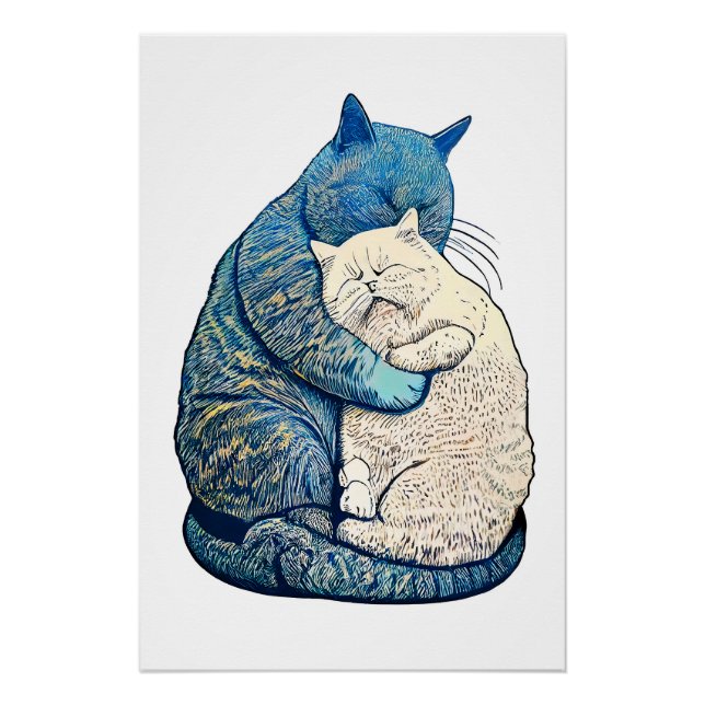 Poster Linocut Blanc et Noir Chat couchent ensemble (Devant)