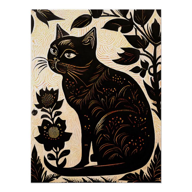 Poster Linocut d'un chat noir parmi les fleurs (Devant)