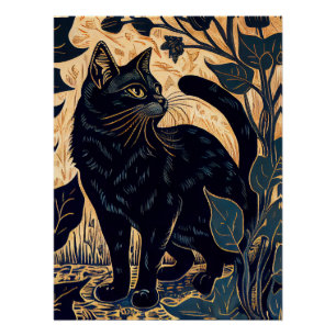 Poster Linocut d'un chat noir parmi les Plantes avec Ba J