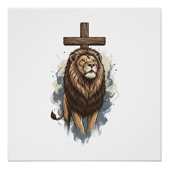Poster Lion chrétien et croix vintage (Devant)