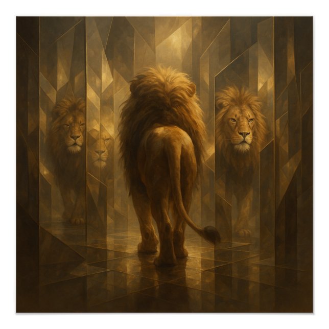 Poster Lion d'Or dans un Labyrinthe de Miroirs – Majestue (Devant)