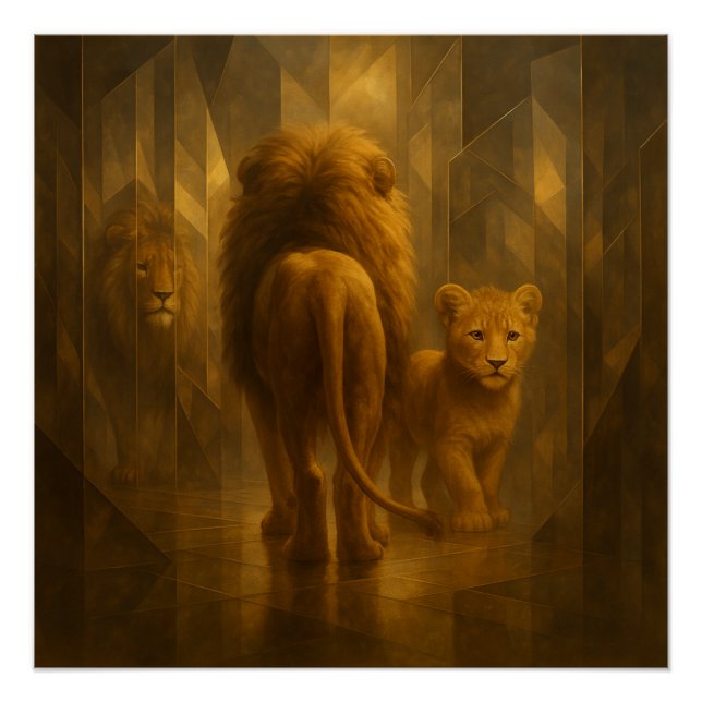 Poster Lion et Petit dans un Labyrinthe de Miroirs Dorés  (Devant)
