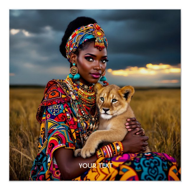 Poster Lion femme africaine mignonne Imaginaire (Devant)